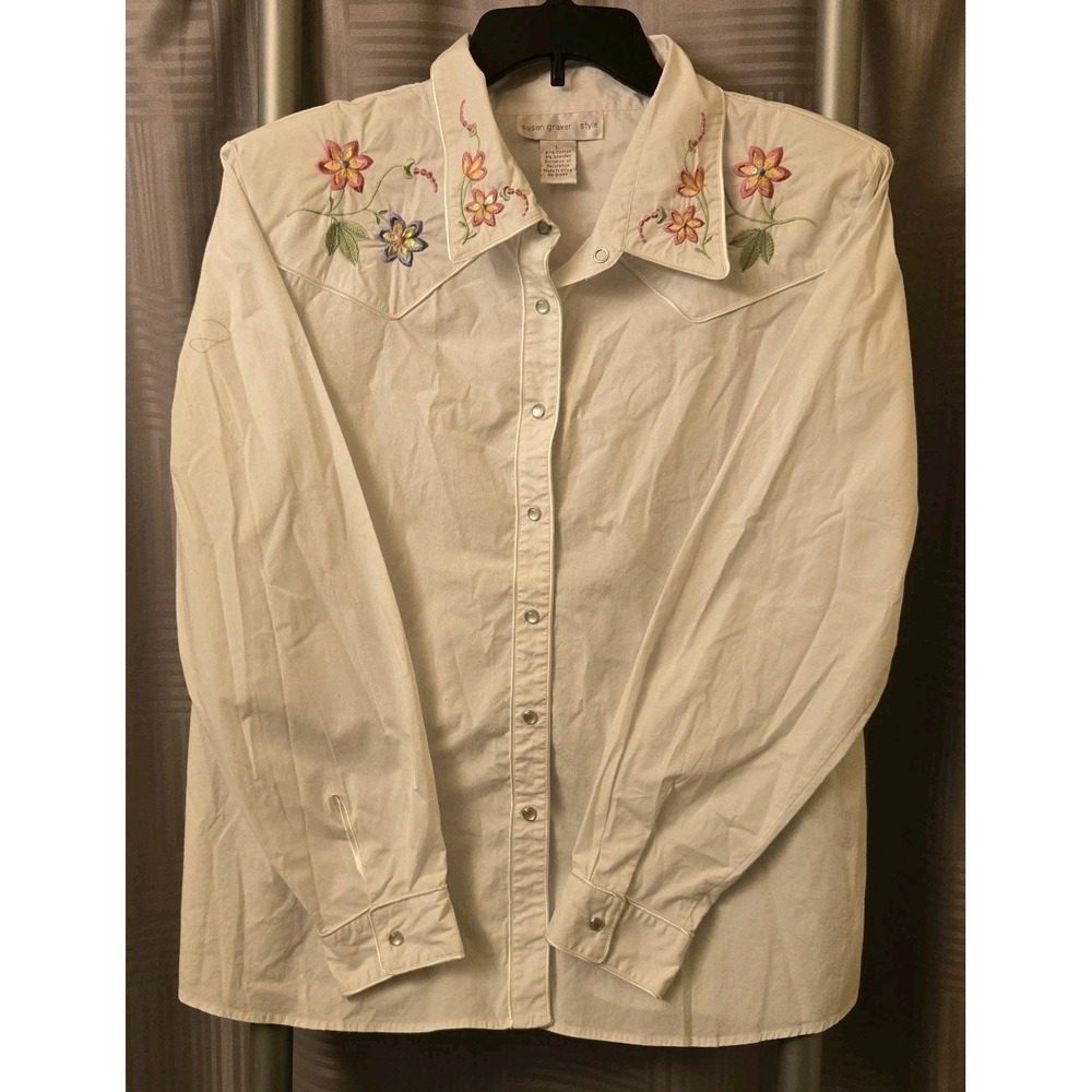 Susan Graver Style‎ White Floral Embroidered Pearl Snap Shirt Large L Western